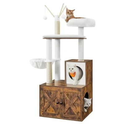 Abbildung von Feandrea Kratzbaum mit Katzenklo Schrank, 151 cm hoch, 2 in 1 Katzenbaum, Schrank für Katzentoilette, Sisalstämmen, abnehmbaren Plüschbällen, vintagebraun PCT113X01