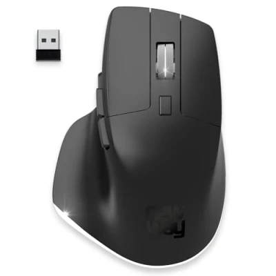 Abbildung von NEWWAY Vertikale Kabellos Maus A8, Wiederaufladbar WLAN, 2,4 GHz, Bluetooth 1200/2400/3200 DPI Metallrad Ergonomisch Leise Integrierter Nano Empfänger 10 m USB C Schwarz