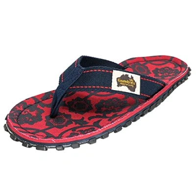 Abbildung von Gumbies Originals Rot Flip Flops aus recycelten Materialien profilierte Sohle wiederverwerteten Autoreifen, weiches Fußbett Canvas Baumwolle, bequemer Baumwoll Zehensteg, Red Blue Rose, 43