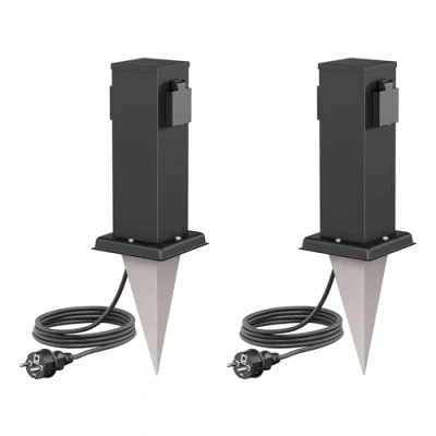 Abbildung von ledscom.de 2 Stück Garten Steckdosen Säule Polly mit Erdspieß und 2m Kabel für außen, IP44, Fach, Edelstahl, eckig, schwarz, 27cm