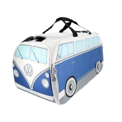 Abbildung von VW Collection by BRISA Sporttasche Volkswagen Retro Sport Umhänge Schulter Fitness Tasche, in T1 Bulli Bus Form Groß Classic Blau &amp; Beige