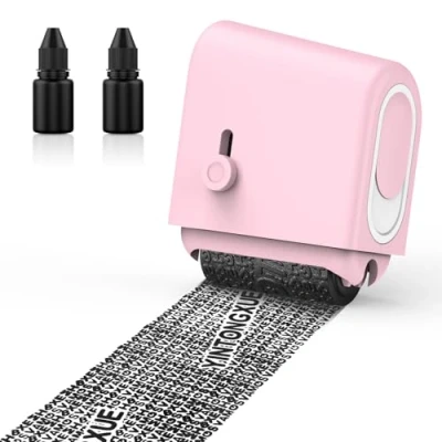 Abbildung von MoKo Rollstempel für Identitätsdiebstahl, Nachfüllbar Breit Datenschutzstempel mit 2 Tintennachfüllungen, Datenschutzstempelrolle ID Kontodaten Adressensicherheit, Rosa