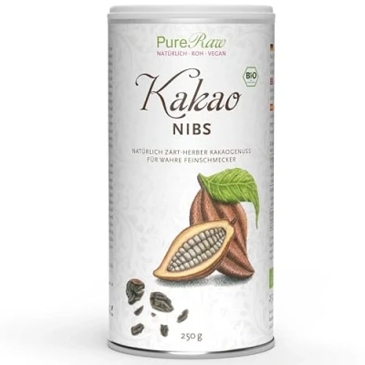 Abbildung von Kakao Nibs Criollo (Bio Roh Vegan) Kakaonibs Ohne Zucker Edel Kakaobohnen Stücke, Splitter, Kern Bruch wie Zuckerfreie Schokodrops Theobroma Cacao Organic Raw Cocoa Chunks PureRaw 250g