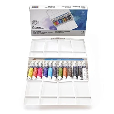 Abbildung von Winsor &amp; Newton 0390377 Cotman Aquarellfarbe Painting Plus Set , 12 lebendige Wasserfarben aus hochwertigen Pigmenten mit sehr guter Farbbrillanz in 8ml Tuben Pinsel und Mischpalette