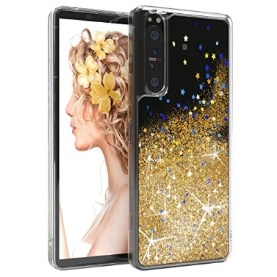 Abbildung von EAZY CASE Hülle kompatibel mit Sony Xperia 1 II Schutzhülle Flüssig Glitzer, Handyhülle, Schutzhülle, Back Cover Glitter Flüssigkeit, TPU/Silikon, Transparent/Durchsichtig, Gold