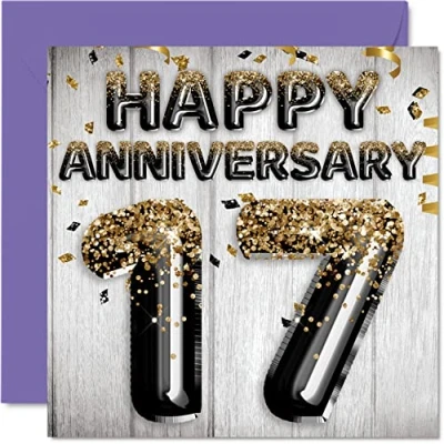 Abbildung von Tolle Karte zum 17. Jahrestag für Ehemann Freund Ehefrau Freundin schwarz goldene Glitzer Luftballons Happy 17 Anniversary Cards from Family 145 mm Grußkarten siebzehnte Jubiläen