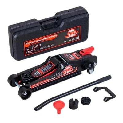 Abbildung von Wagenheber hydraulisch 2,5 Tonnen Flache Ausführung 80mm 360mm Low Profile inkl. Koffer + SUV Adapter 2X Gummiauflage Hydraulischer KFZ Rangierwagenheber 360 Rollen (Rot)