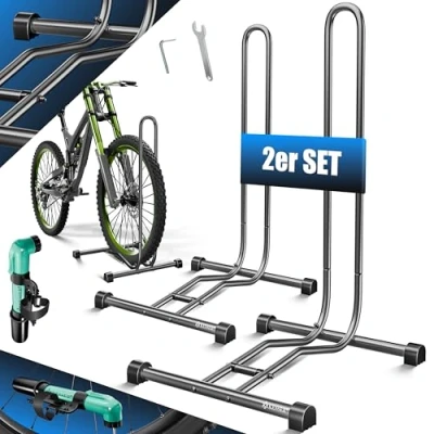 Abbildung von KESSER® Fahrradständer Boden einzeln für Mountainbike, E Bike, Citybike, Rennrad, MTB Fahrrad Montageständer Freistehender Fahrradhalter Ständer Eisen Reifenbreite bis 65mm Inkl. Luftpumpe