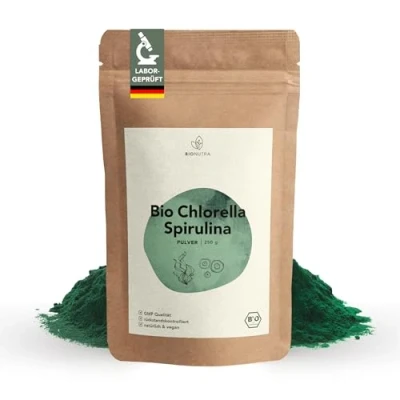 Abbildung von BIONUTRA® Bio Chlorella Spirulina Pulver 250 g, rückstandskontrolliert, nach EU ÖKO Standard hergestellt, vegan, laktose &amp; glutenfrei, ohne Zusätze,