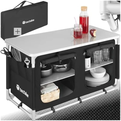 Abbildung von tectake® Camping Küche, Campingschrank faltbar, Reiseküche, Küchenschrank mit Arbeitsplatte und Staufächern für Outdoorküche, Vorzelt, Wohnwagen oder Auto Tragetasche schwarz
