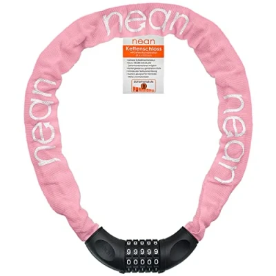 Abbildung von nean Fahrradschloss mit Zahlen, Kettenschloss hohe Sicherheitsstufe, Zahlenschloss Code, Fahrrad Schloss Kette aus gehärtetem Stahl, textilummantelt, rosa, 6 mm x 900
