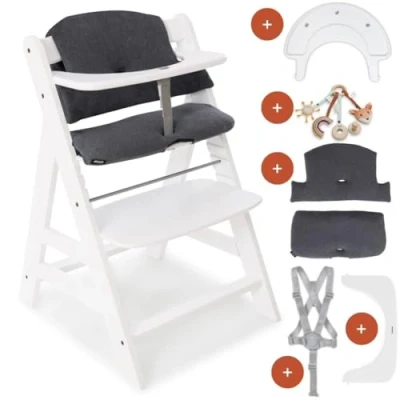 Abbildung von hauck Kinder Hochstuhl Alpha Plus inkl. Play Tray Basis, Spielring Catching &amp; Sitzpolster Mitwachsender Babystuhl aus Holz, Kinderhochstuhl ab 6 Monate, verstellbar Weiß