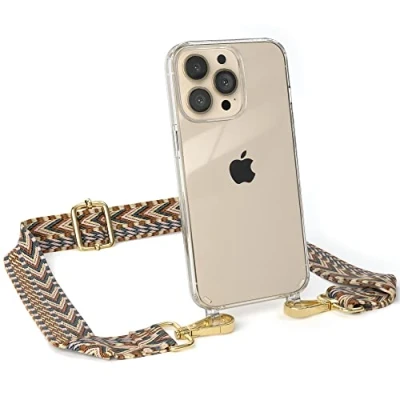 Abbildung von EAZY CASE Handykette Verstellbares Taschenband kompatibel mit iPhone 13 Pro, Schulterriemen, Handykordel Silikon Hülle, Umhängetasche, Hell Braun/Braun Endstücke Gold