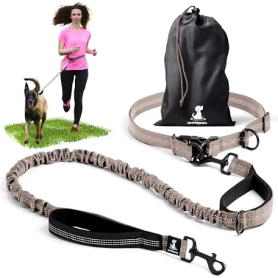 Abbildung von Joggingleine für Hunde zum Laufen, Joggen, Wandern 2 in 1 und Normale Hundeleine Große Mittelgroße mit Doppelgriff Bauchgurt