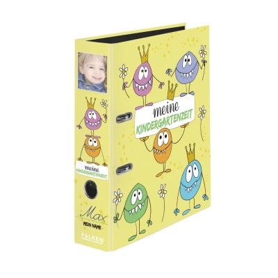 Abbildung von Original Falken Kindergarten Ordner mit Einstecktasche. Made in Germany. 8 cm breit DIN A4 Motiv Monster, Ringordner Aktenordner Briefordner Büroordner Plastikordner