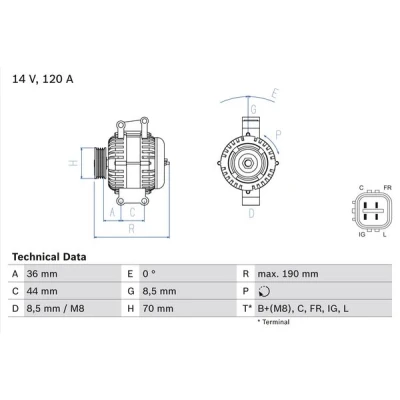 Abbildung von BOSCH 0 986 082 050 Lichtmaschine 14V 120A HONDA: CR V 3, Accord 7 Limousine, CIVIC 8 Hatchback