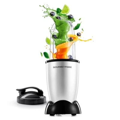 Abbildung von GOURMETmaxx Mr. Magic Mixer 4 tlg. 400W Powerbase, Kreuzklinge, 500ml Becher &amp; To Go Deckel Smoothie Maker Standmixer Für Shakes, Dips, Soßen Leicht zu reinigen silber/schwarz