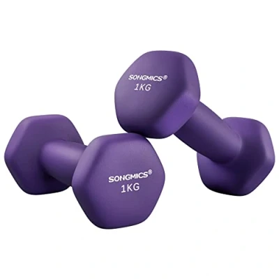 Abbildung von SONGMICS Hanteln, 2er Set, 2 x 1 kg, Hantelset, Kurzhanteln, Hexagon, Neopren Beschichtung, Krafttraining, Workout, Fitnesstraining, für Zuhause, aschlila SYL902P02