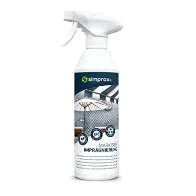 Abbildung von simprax® Markisen Imprägnierung Imprägnierspray zum Langzeitschutz von Markisen, Sonnenschirmen und Sonnensegeln Anti Grünbelag UV stabil 500ml