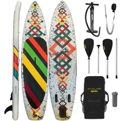 Abbildung von ALPIDEX Stand Up Paddle Set SUP 320 x 76 15 cm max. belastbar bis 200 kg Aufblasbar Stabil Leicht Komplett Tragetasche Paddel Finnen Luftpumpe Leash Repair Kit, Farbe:White
