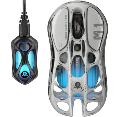 Abbildung von GravaStar Mercury M1 Pro Gaming Maus, MMO Computer Mäuse mit 4K Empfänger, 26.000 DPI, 88 g leichtes ausgehöhltes Design, 5 programmierbare Tasten, dynamische Lightsync RGB Modi, Silver Mist