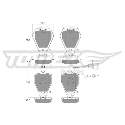 Abbildung von TOMEX brakes TX 12 26 Bremsbelagsatz Vorderachse mit integriertem Verschleißwarnkontakt Bremssattelschrauben Ausgleichsgewichten AUDI: A8 D2