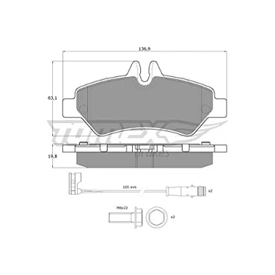 Abbildung von TOMEX brakes TX 14 27 Bremsbelagsatz Hinterachse inkl. Verschleißwarnkontakt mit Bremssattelschrauben Zubehör