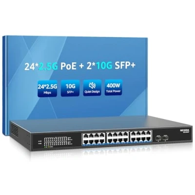 Abbildung von 24 Port 2.5G PoE Switch Unmanaged with 2.5Gb Base T PoE+@400W + 2 x 10G SFP+ Uplink, NICGIGA 26 2.5Gbe IEEE802.3af/at Power Over Ethernet Switch, Support WiFi6 AP, NAS, 4K Camera NVR.