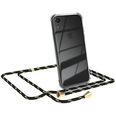 Abbildung von EAZY CASE Handykette kompatibel mit iPhone XR Handyhülle Umhängeband, Handykordel Schutzhülle, Silikonhülle, Hülle Band, Stylische Kette für Smartphone, Schwarz/Gold