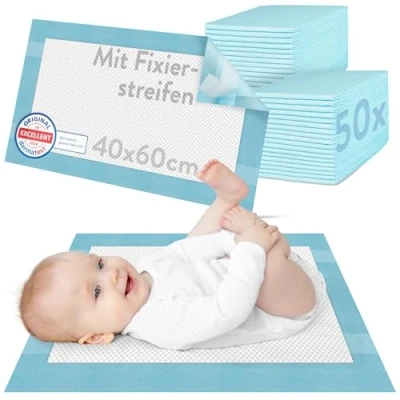 Abbildung von Hautfreundliche Wickelunterlagen einweg 40 x 60 cm DERMATEST SEHR GUT saugstarke wickelunterlage baby zubehör mit rutschfester Rückseite 50 Stück