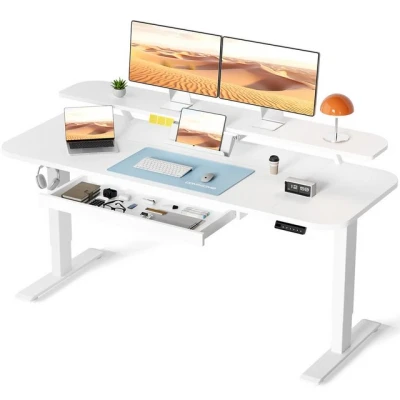 Abbildung von COMHOMA Höhenverstellbarer Schreibtisch Elektrischer, 120x60cm elektrischer mit Schubladen, Monitorständer, Tablet Ständer, 3 höhen Memory Steuerung, Weiß