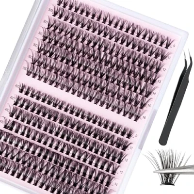 Abbildung von 280 Stück Einzelne Wimpern set D Curl, 9 11 12 13 14 15 16mm Cluster Lashes Selbstklebend mit Pinzette für Make up DIY Wimpernverlängerung