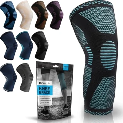Abbildung von POWERLIX Kniebandage für Damen/Männer, Kompression Kniestütze Meniskusriss, Arthritis, Linddert Kniescherzen, ACL, Laufen, Gewichtheben, Basketball, Volleyball, Sport, Hellblau, XL