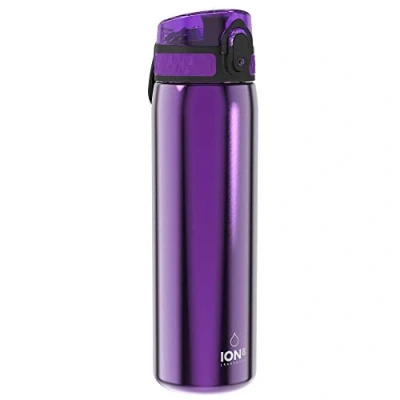 Abbildung von Ion8 Stahl Trinkflasche, 600 ml, Auslaufsicher, Einhandöffnung, Sichere Verriegelung, Spülmaschinenfest, Klappdeckel, Tragegriff, Leicht zu Reinigen, Langlebig, Metallisches Lila