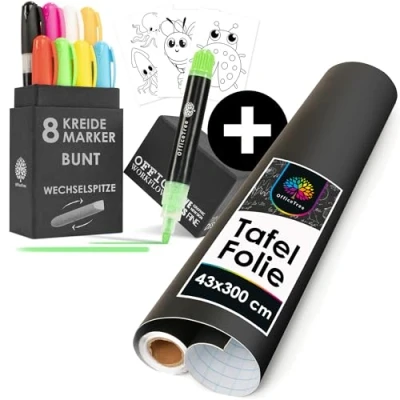 Abbildung von OfficeTree Tafelfolie Selbstklebend 300x43 cm + 8x Kreidemarker Bunt schwarze Kreidefolie 300 x 43 Kreidetafel Kreidestifte für Tafel Abwaschbar Fenster