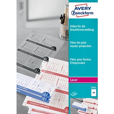 Abbildung von AVERY Zweckform 3491 Laserfolien Transparentfilme für die Druckformerstellung (100 Stück, A4, matt beschichtet, stapelverarbeitbar, S/W Laserdrucker, Folienstärke 0,10mm)