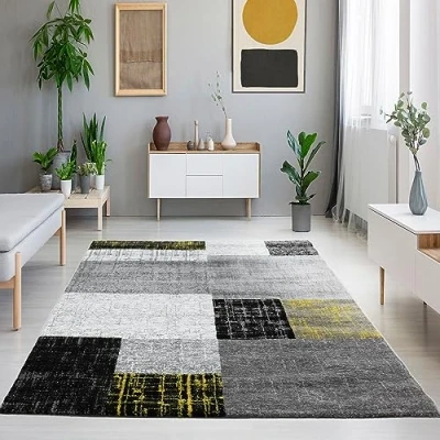 Abbildung von VIMODA Designer Teppich Kurzflor Moderner Wohnzimmer in Gelb, Grau und Weiß mit Kachel Optik, Maße:80x150 cm