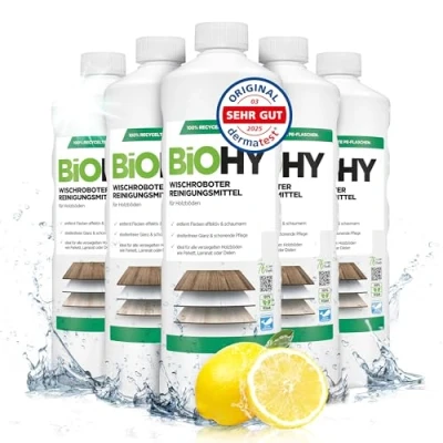 Abbildung von BiOHY Wischroboter Reinigungsmittel (6 x 1 Liter) Bodenreiniger Mittel für Holzböden Laminat &amp; Parkettpflege streifenfreier Glanz auf wasserfestem Holz schaumarmes Konzentrat
