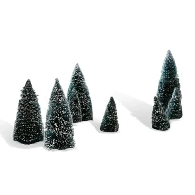 Abbildung von Loberon Dekobäume 8er Set Peyton, Verschiedene Größen, glitzerndes Schnee Dekor, Weihnachtsdekoration, Weihnachten, Flachsfasern, Eisen, dunkelgrün