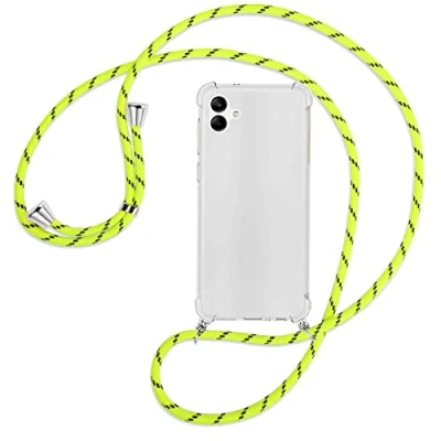 Abbildung von mtb more energy® Handykette kompatibel mit Samsung Galaxy A04 (SM A045) Neon Gelb gestreift Smartphone Hülle zum Umhängen Anti Shock Full TPU Case