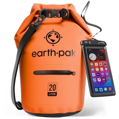 Abbildung von Earth Pak Torrent Serie Dry Bag wassersdichte Tasche mit verstellbarem Schultergurt und wasserfester Handyhülle Ideal beim Kajak Fahren Angeln Rafting Orang 20L