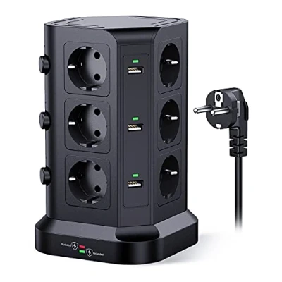 Abbildung von KOOSLA 12 Fach Steckdosenleiste (4000W/16A), 6 USB Mehrfachsteckdose mit Überspannungsschutz, einzeln schaltbarer Steckdosenturm für Büro Küche Tisch,2M Kabel, Schwarz
