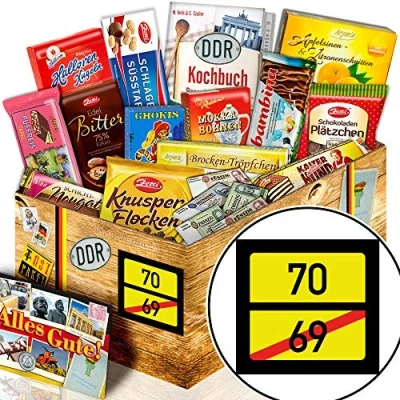 Abbildung von Ortsschild 70 / DDR Schokolade Set/Geschenke 70. Geburtstag Mann