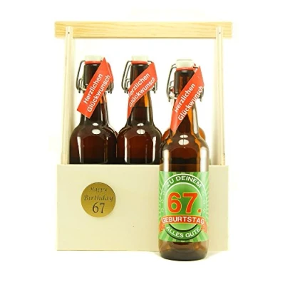 Abbildung von Bier Geschenk 6 er Holz Träger mit Fl. 67. Geburtstag