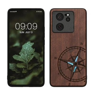 Abbildung von kwmobile Hülle kompatibel mit Xiaomi 13T / Pro Holz Case Handy Cover TPU Handyhülle in Dunkelbraun Vintage Kompass Perlmutt