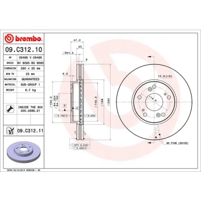 Abbildung von BREMBO COATED DISC LINE 09.C312.11 Bremsscheibe 280 25 5 innenbelüftet beschichtet mit Schrauben HONDA: CIVIC 9, 8 Stufenheck