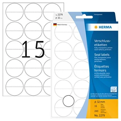 Abbildung von HERMA 2279 Verschlussetiketten transparent perforiert rund, 240 Stück, Ø 32 mm, 15 pro Bogen, selbstklebend, Sicherheitsetiketten Aufkleber zum Beschriften, matt, blanko Siegel Etiketten aus Folie
