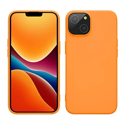 Abbildung von kwmobile Hülle für das iPhone 14 weiche gummierte TPU Silikon Handyhülle stoßfeste Schützhülle kabelloses Laden Fruity Orange