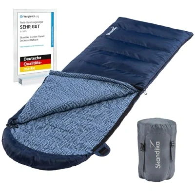 Abbildung von Skandika Deckenschlafsack Dundee Flanell Baumwolle, Luxus Qualität, koppelbar, Doppelschlafsack, 3 Jahreszeiten, bis 20C, 220 x 80 cm/ 160 cm Outdoor Camping Schlafsack (Indigo RV Links)