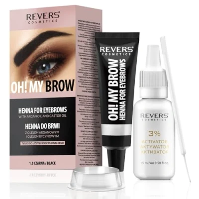 Abbildung von REVERS COSMETICS Augenbrauenfarbe Schwarz mit Arganöl und Rizinusöl (Omega 6, Karotin, Vitamine A, E, F) Natürliches Ergebnis, Hält bis zu 4 Wochen, 15+ Anwendungen …